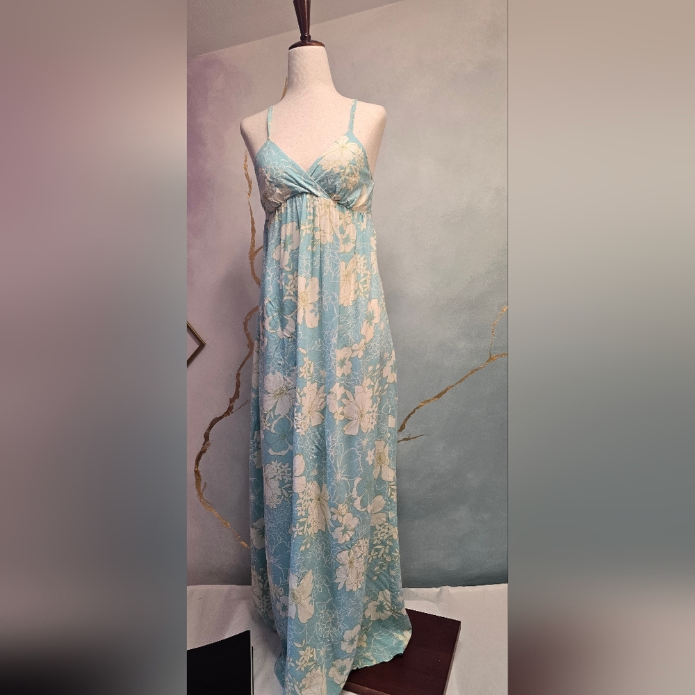Light Aqua Blue Floral Maxi Dress with Adjustable Spaghetti Straps S